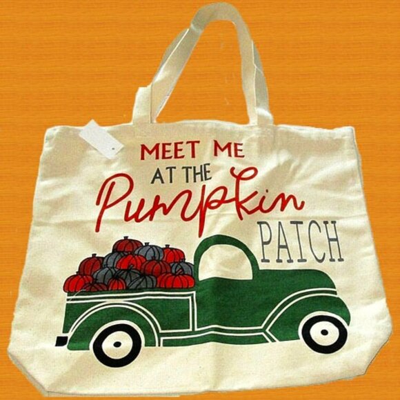 Handbags - Pumpkin Patch Meet Me At Large Canvas Fall Autumn Tote Bag Shopper Totebag